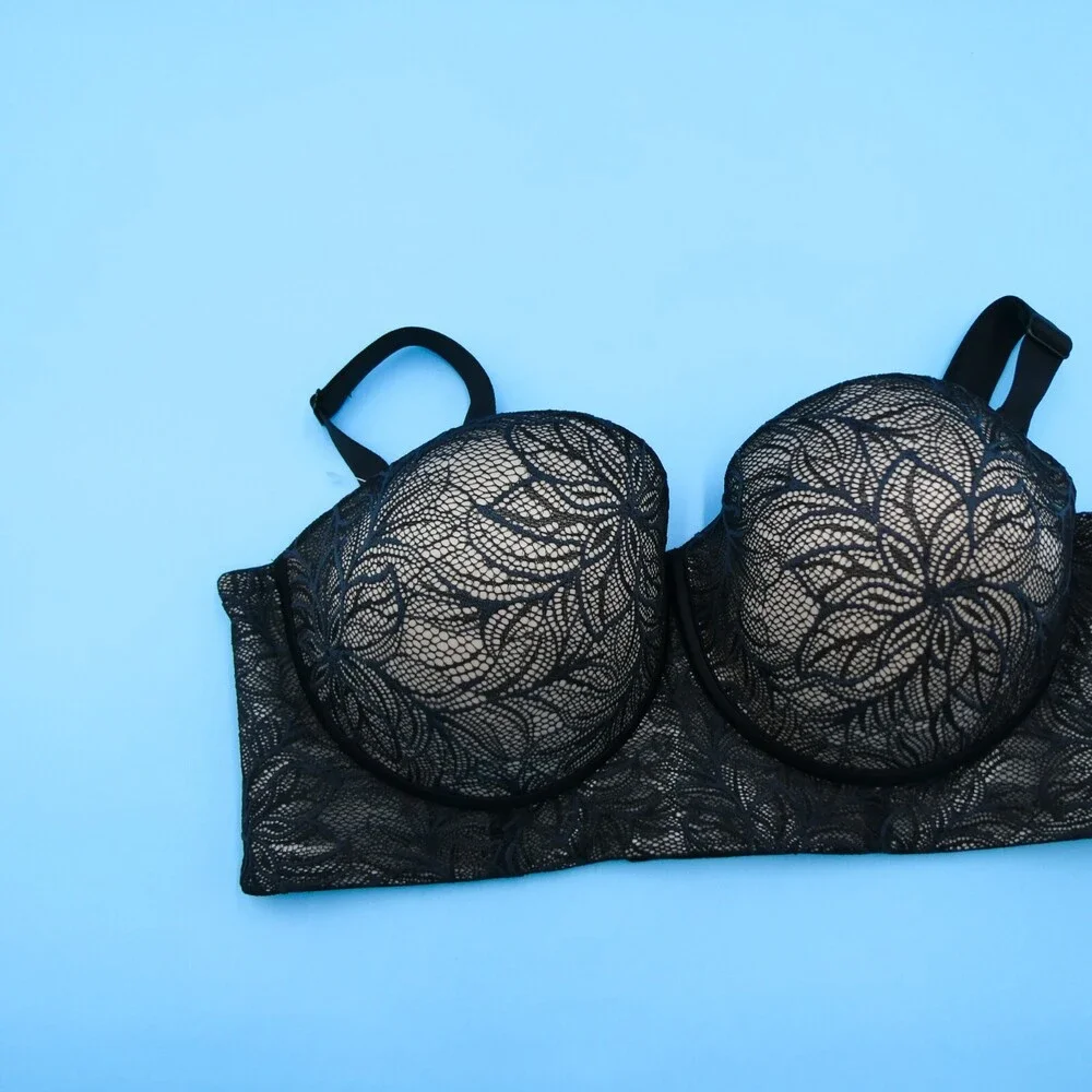 Leonisa Size 38E‎ Black Lace 360 Removable Straps Longline Lace Lingerie 11911N